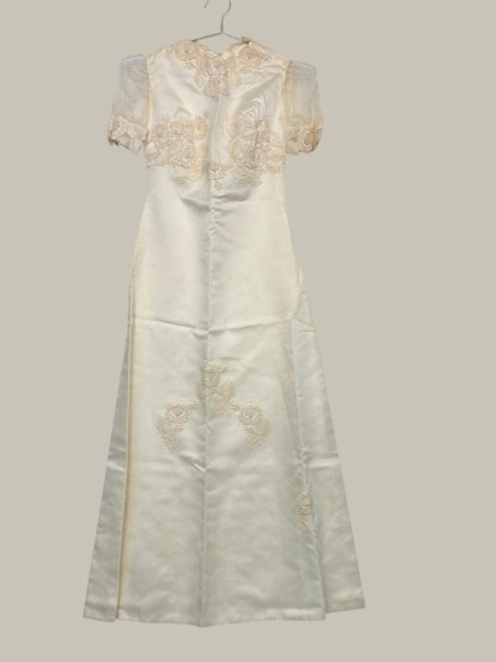 Vintage Womens Wedding Dress Set Small Cream Lace Satin Gown Veil Train Floral - Picture 2 of 16